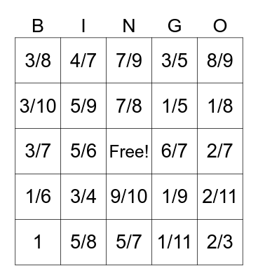 Simplified Fractions up to 12ths 11-25-22 Bingo Card
