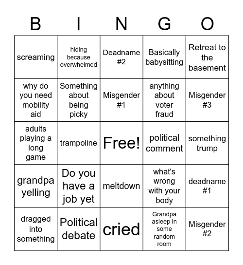 Couch's other shitty family Bingo Card