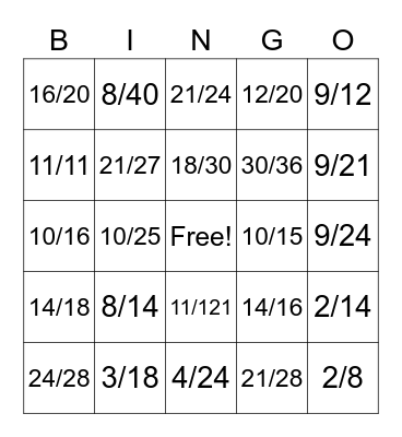 Non-simplified Fraction questions to 12ths 11-25-22 Bingo Card