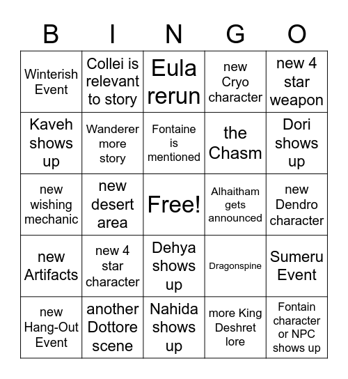 Genshin 3.4 Livestream Bingo Card