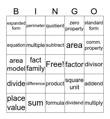 Fourth grade Math Bingo Card
