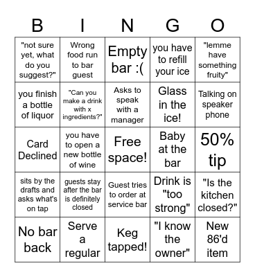 Bartender's Bingo Card