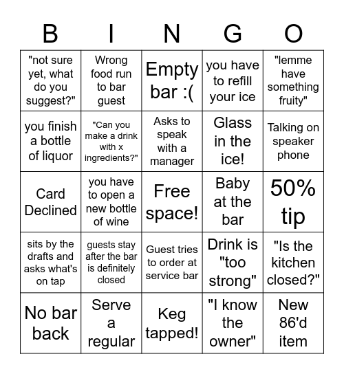 Bartender's Bingo Card