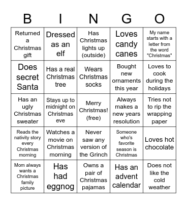 Youth Christmas Party People Bingo Card