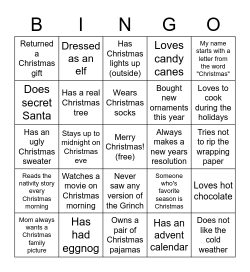 Youth Christmas Party People Bingo Card