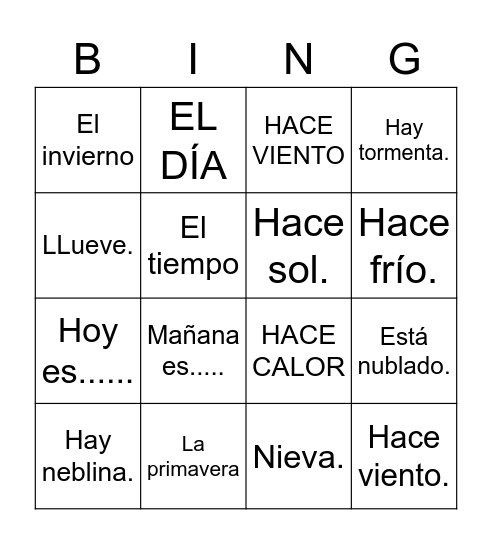 El tiempo en español Bingo Card