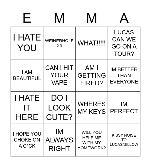 EMMA Bingo Card