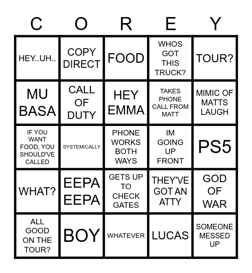 COREY Bingo Card