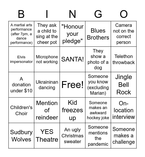 Telethon Bingo Card