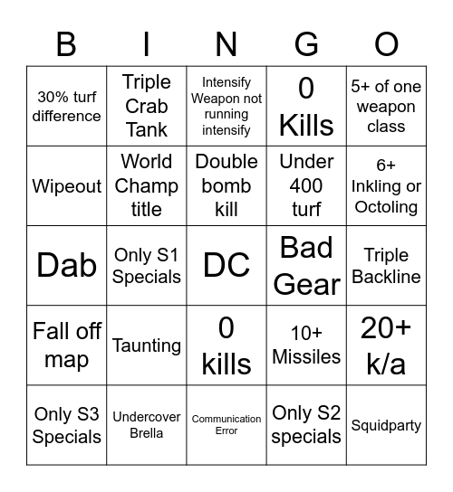 Turf War Bingo Card