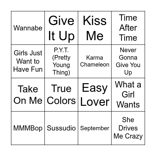 MB POP Tunes 4 x 4 Bingo Card