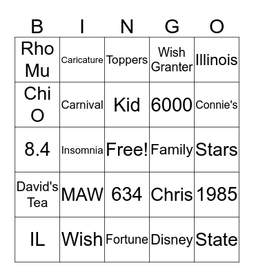 Chi Omega Make A Wish Bingo Card