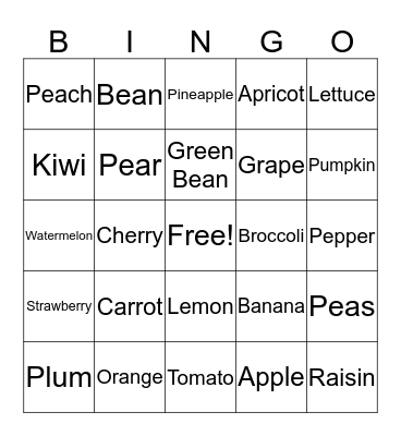 Fruit & Vegetable Bingo Card
