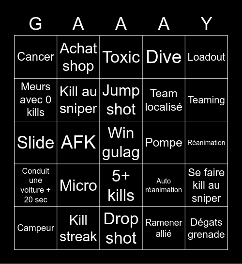 Zak suce Bingo Card