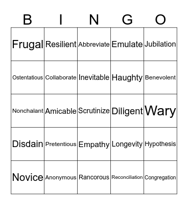 Vocabulary Bingo Card