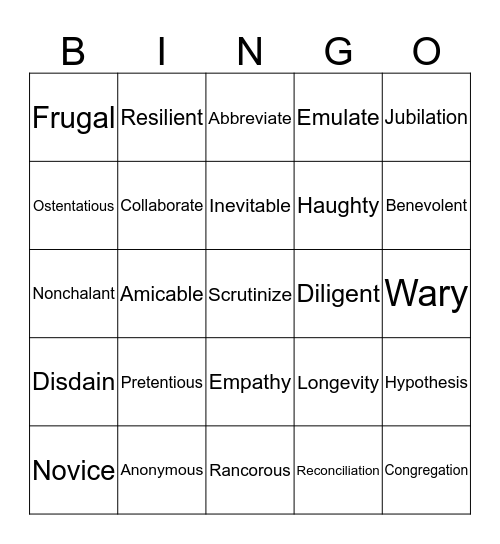 Vocabulary Bingo Card