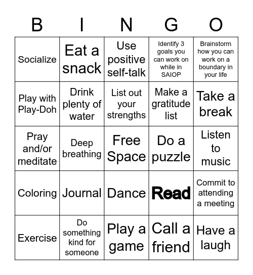 Coping Skills Bingo Card