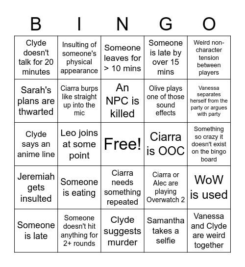 DnD Things That will happen Bingo Card