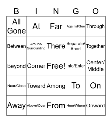 Chapter 9: Location and Direction Bingo Card