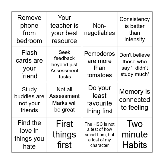 HSC Habits of Mind BINGO Card