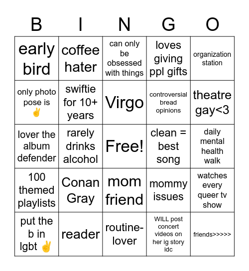 Sarah @thatwasthenightthingschanged Bingo Card