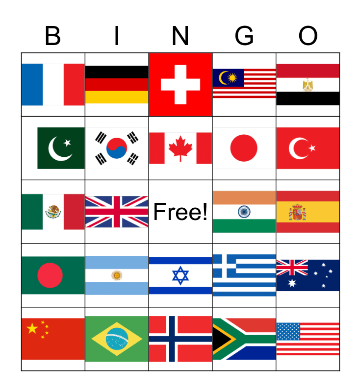 World Flags (Easy Version) Bingo Card