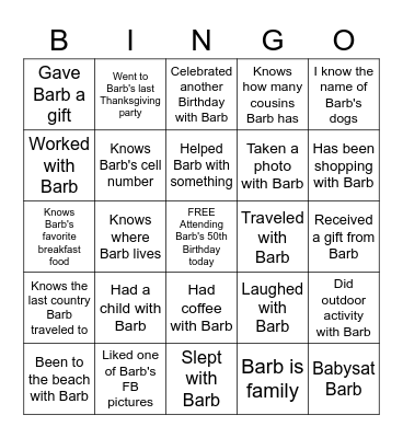 BARB's 50TH BIRTHDAY BINGO GAME Bingo Card