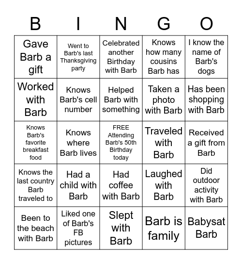 BARB's 50TH BIRTHDAY BINGO GAME Bingo Card