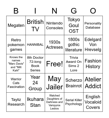 Obsession List Bingo Card