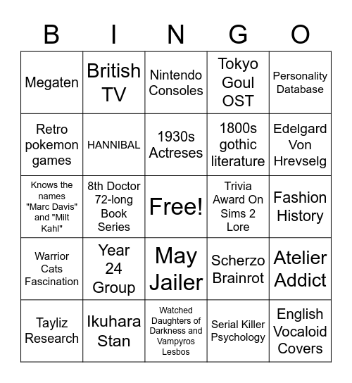 Obsession List Bingo Card