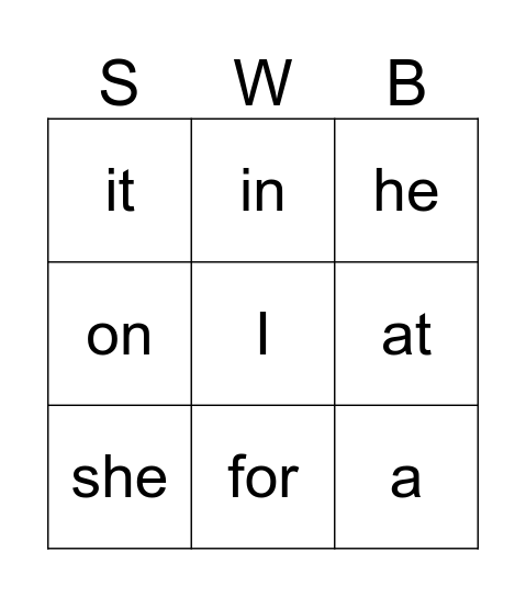 Sight Word Bingo  Bingo Card