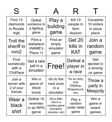 Roblox challenge Bingo Card