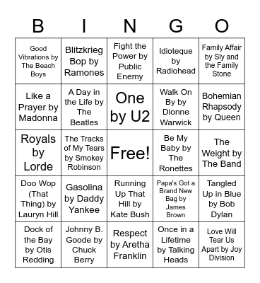 Greatest Hits of All Time Bingo Card