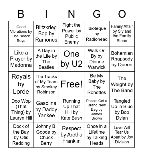 Greatest Hits of All Time Bingo Card