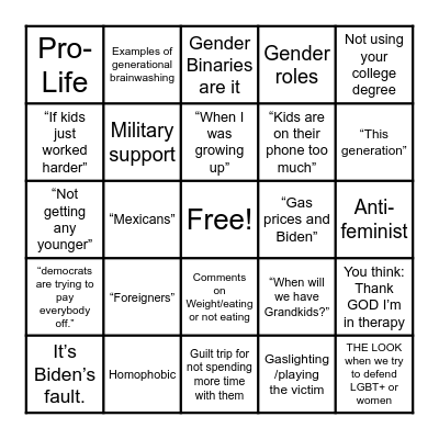 Toxic Family Bingo Card