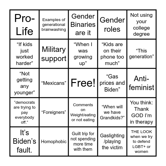 Toxic Family Bingo Card