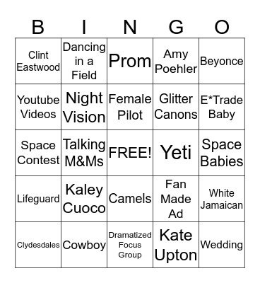 Super Bowl Commercials Bingo Card