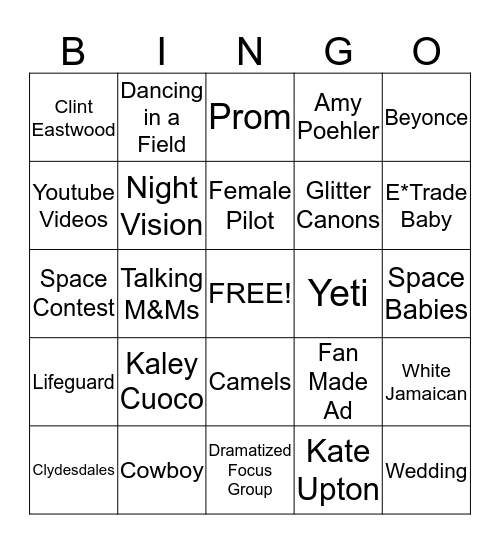 Super Bowl Commercials Bingo Card