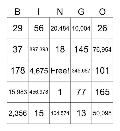 Numbers BINGO Card