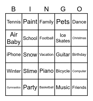 Playtime Bingo Card