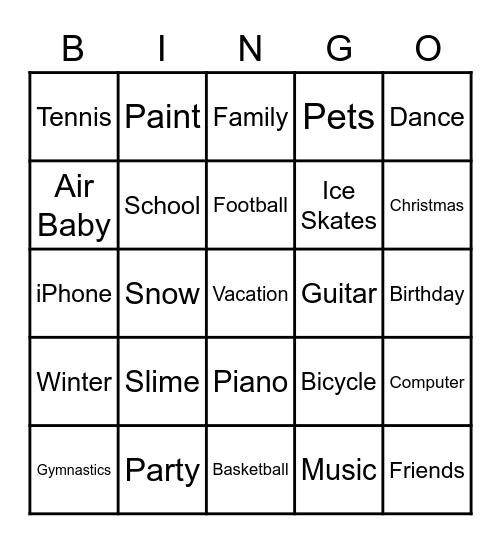 Playtime Bingo Card