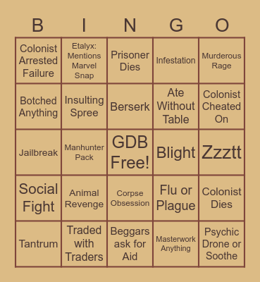 Etalyx Rimworld Hot Potato (NO DLC) Bingo Card