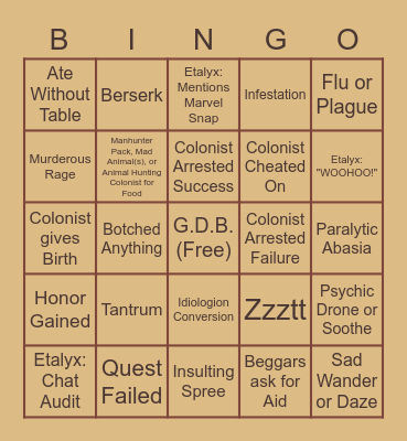 Etalyx Rimworld (3 DLC) Bingo Card