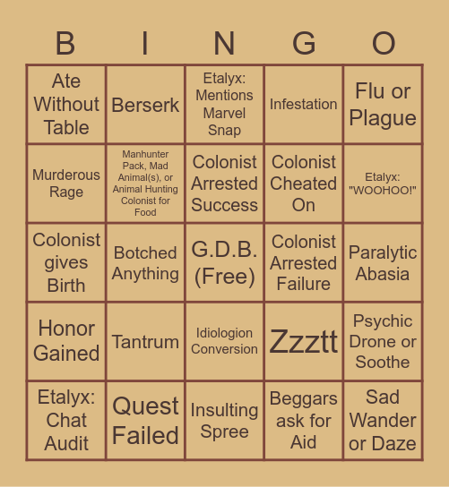 Etalyx Rimworld (3 DLC) Bingo Card