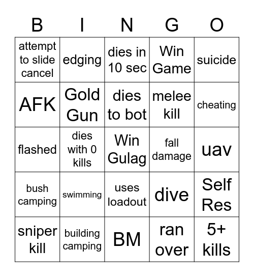 Warzone Bingo Card