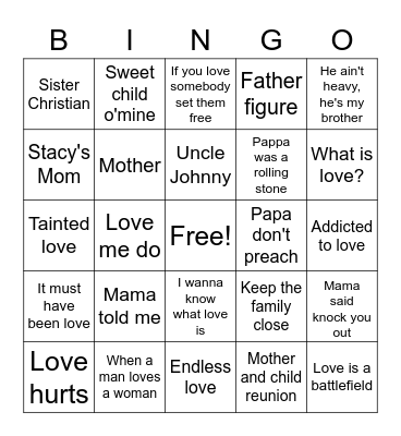 Love and Family Bingo Card