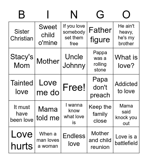 Love and Family Bingo Card