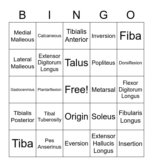 Lower Leg and Foot Bingo Card