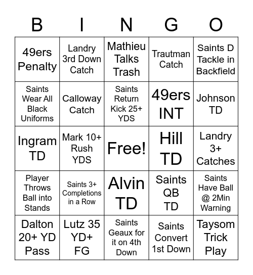 Saints v 49ers Bingo Card