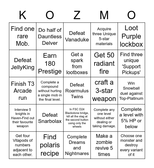 TE Spiral Knight Bingo Card Bingo Card